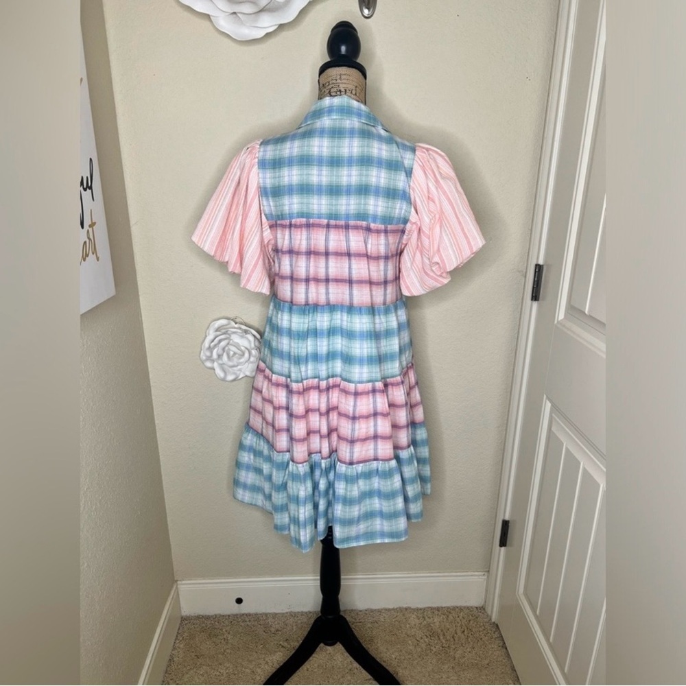 NTM: Entro Bubble Sleeve Blue, Green, Pink & White Plaid Lined Mini Dress Sz L - Picture 13 of 14